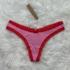 Skims Lightweight Cotton Lace Trim Thong Carnation Contrast Size Small